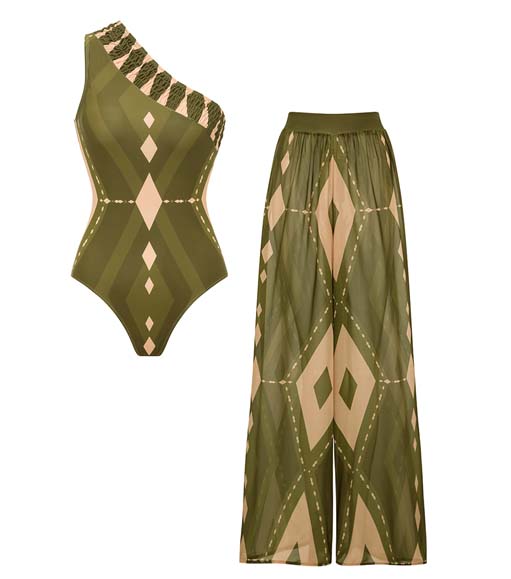 Plus Size One Shoulder Geometric Pattern Print One Piece Swimsuit and Pants